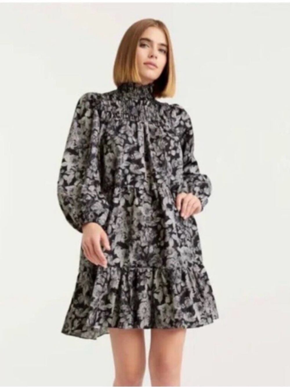 Smocked Neck Floral Print Mini Dress in Black and Gray